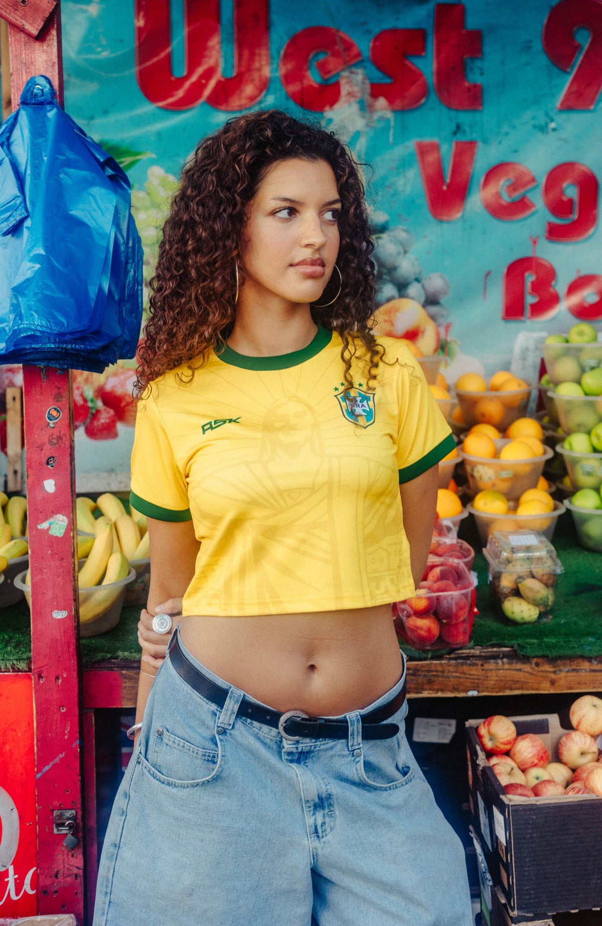 Brazil Redeemer Crop Top yellow on model stretch fabric fitted jersey available @ asphaltsocialklub.com