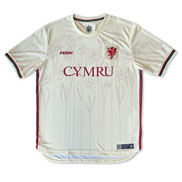 Cymru Cennin Pedr Away Football Jersey front off white standard fit performance fabric available @ asphaltsociaklub.com 