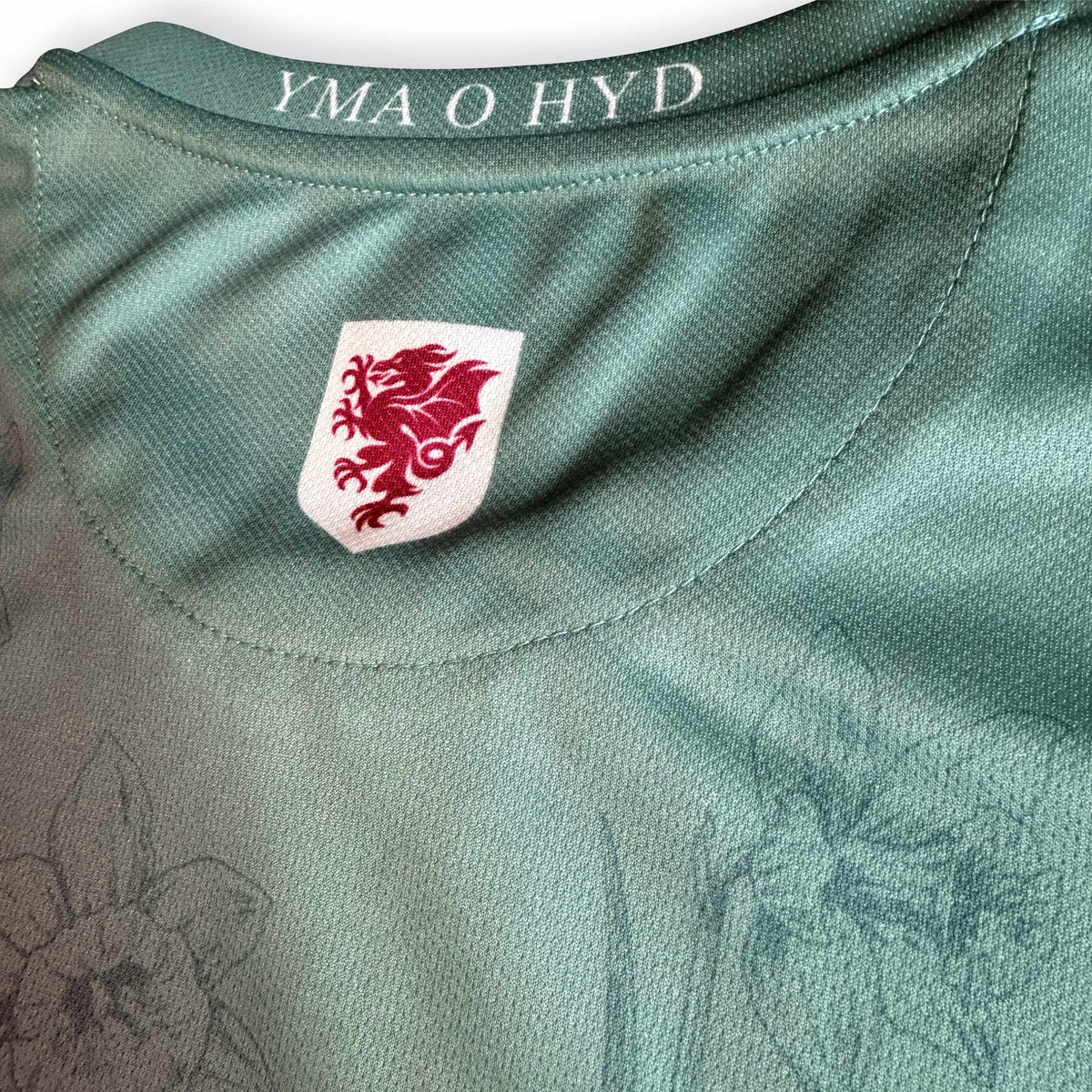 Cymru Cennin Pedr Third Football Jersey soft green detail shot performance fabric available @ asphaltsocialklub.com 