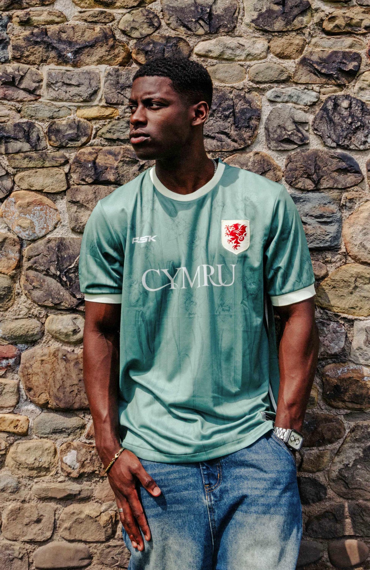Cymru Cennin Pedr Third Football Jersey soft green standard fit performance fabric on model available 2 asphaltsocialklub.com 