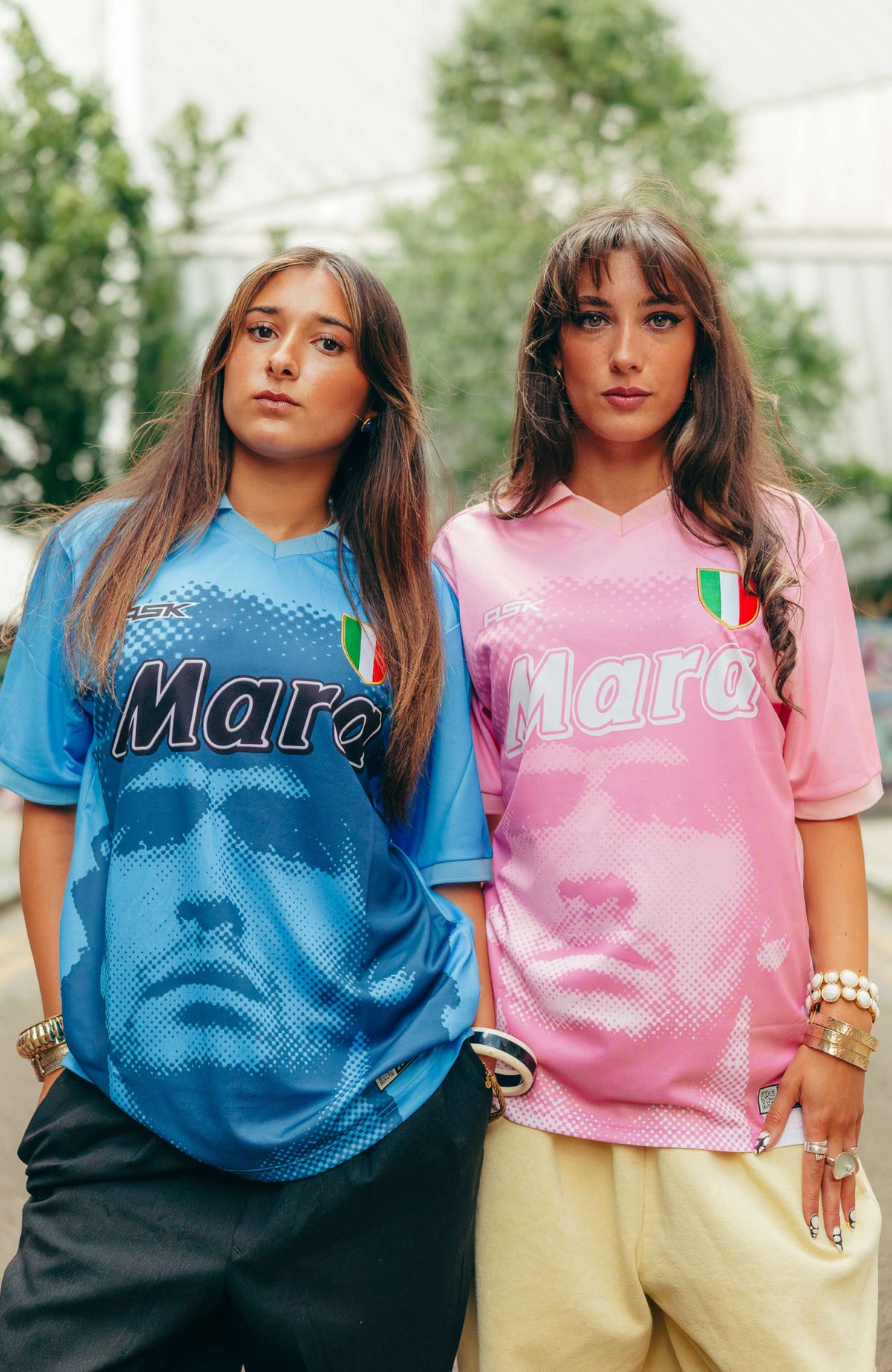 Diego Maradona Napoli inspired jerseys standard fit sky blue pink retro style on model available @ asphaltsocialklub.com 