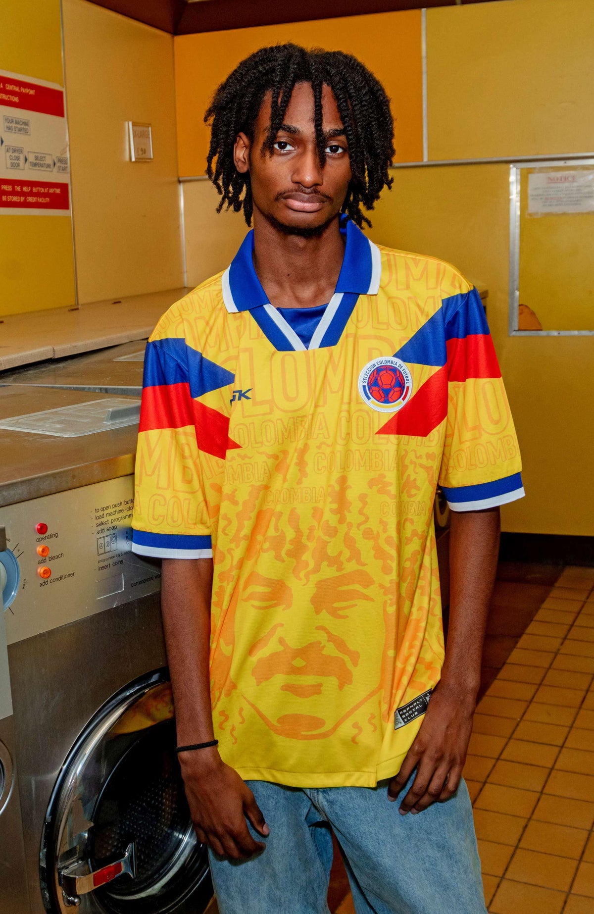 El Pibe Loco Colombia style retro home jersey yellow relaxed fit performance fabric on model available @ asphaltsocialklub.com