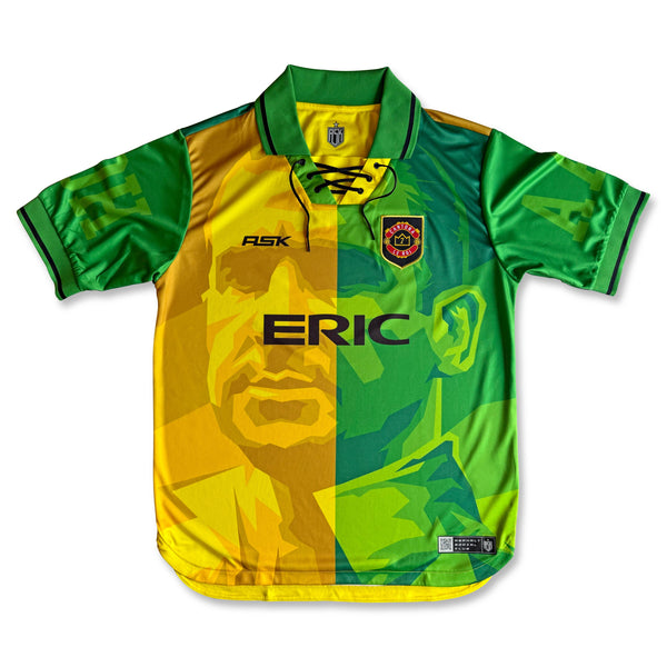 Eric Cantona Football jersey in green and yellow performance fabric available @ asphaltsocialklub.com 