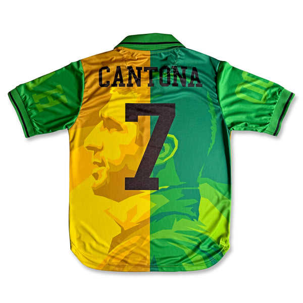 Eric Cantona football jersey in green and yellow performance fabric available @ Asphaltsocialklub.com 