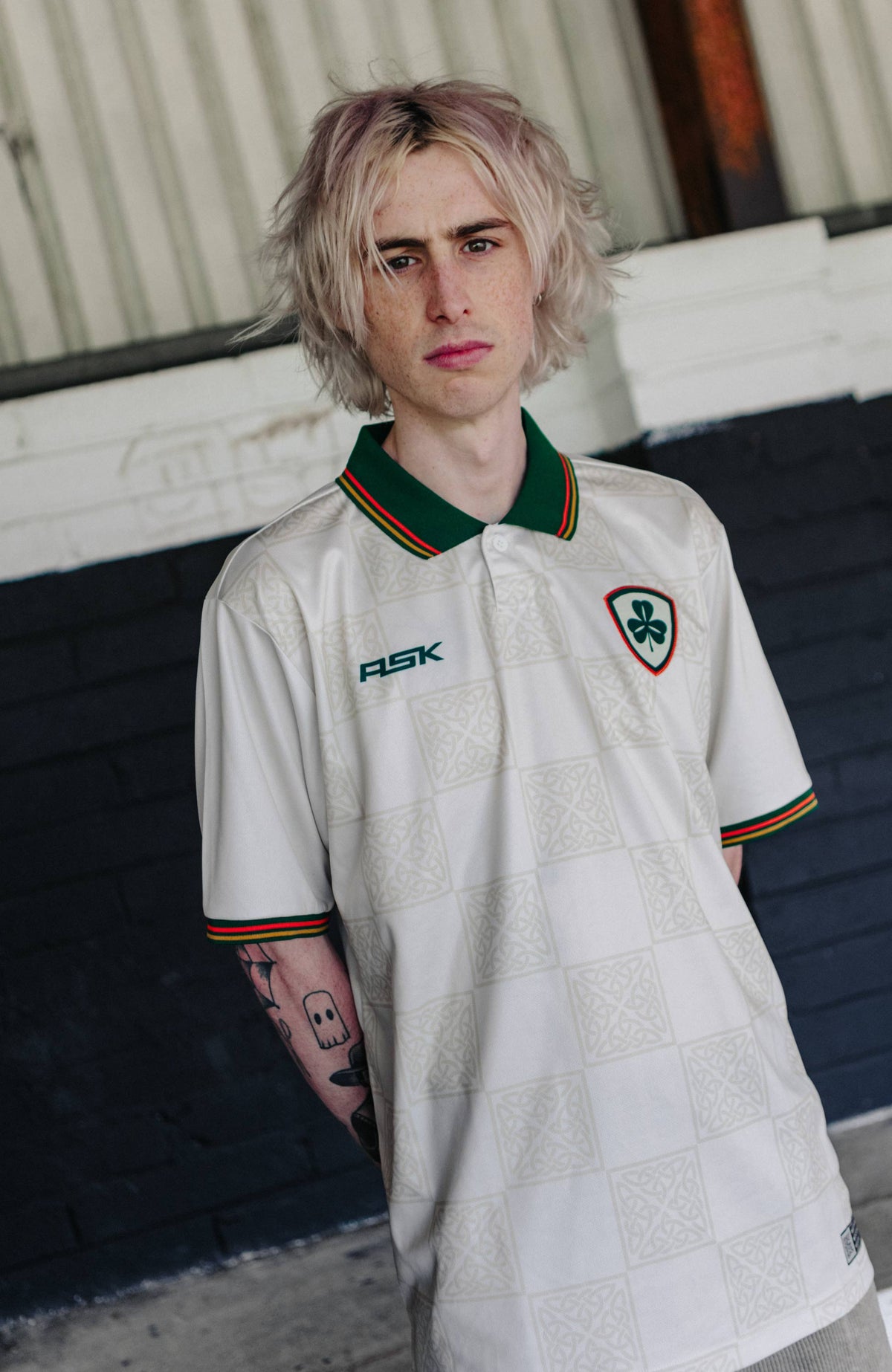 Ireland Triquetra Football Jersey off white on model standard fit performance fabric available @ asphaltsocialklub.com 