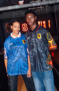 Japan Mecha 90's Football Jerseys black samurai blue on model retro style boxy fit available @ asphaltsocialklub.com 