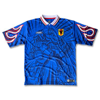 Japan Mecha 90's Home Football Jersey front samurai blue retro style boxy fit available @ asphaltsocialklub.com 
