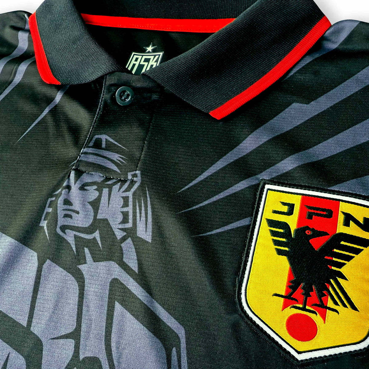 Japan Mecha 90's GK Football Jersey black woven crest detail retro style boxy fit available @ asphaltsocialklub.com