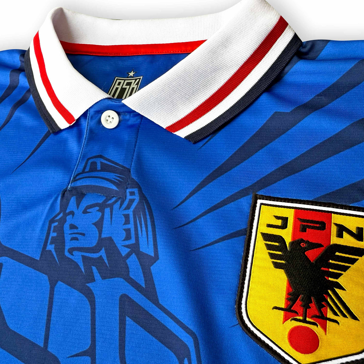 Japan Mecha 90's Home Football Jersey samurai blue woven crest detail retro style boxy fit available @ asphaltsocialklub.com 