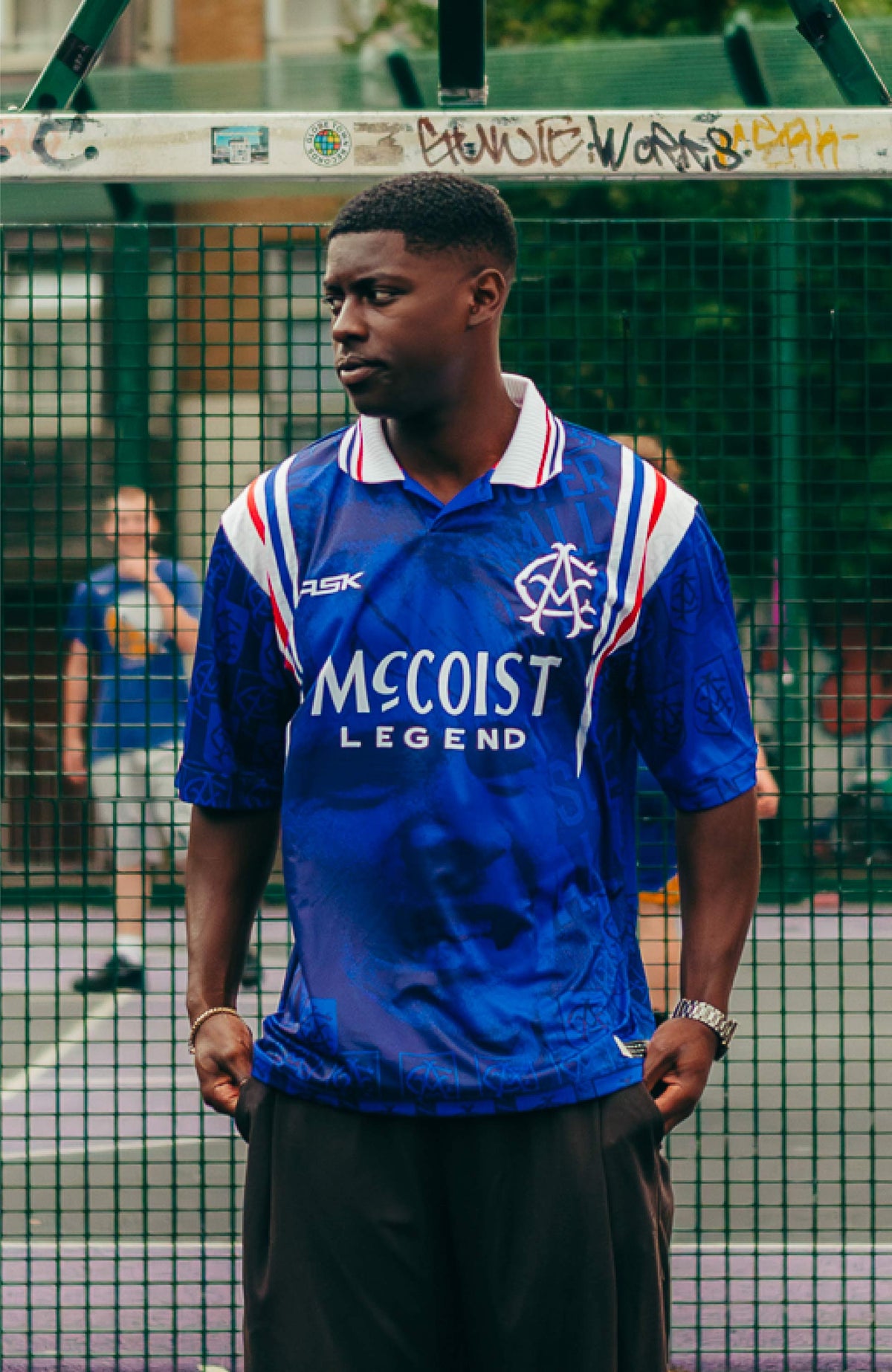 Super Ally McCoist inspired football jersey retro oversize fit performance fabric on model available@ asphaltsocialklub.com 