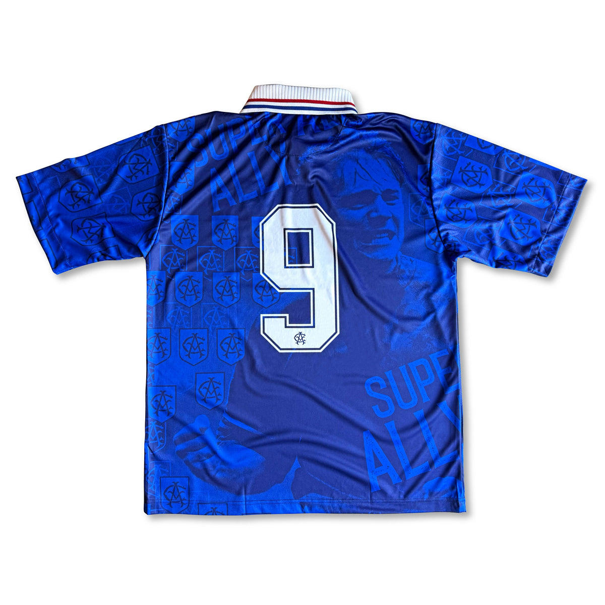 Super Ally Football Jersey Royal Blue McCoist inspired retro style oversize fit performance fabric available @ aspahltsocialklub.com 