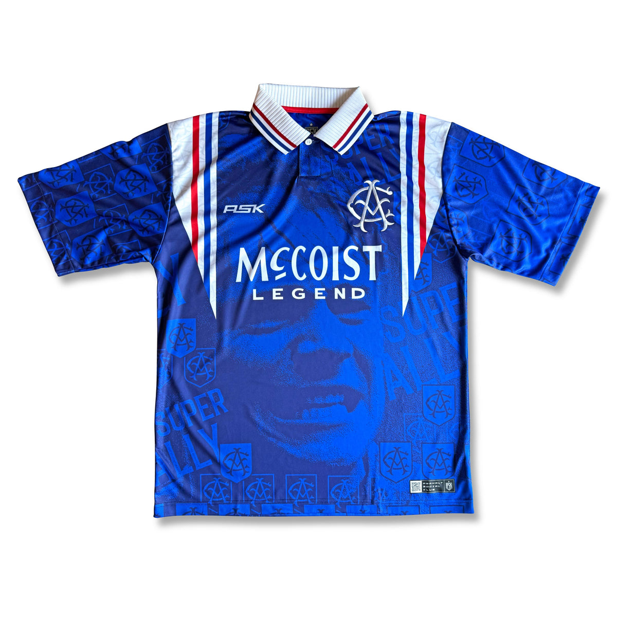 Super Ally Football Jersey Front Royal Blue McCoist inspired retro style oversize fit performance fabric available @ asphaltsocialklub.com 